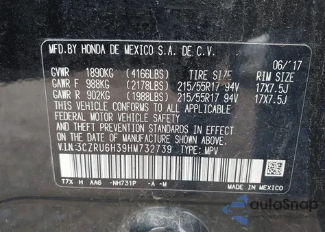 2017 Honda Hr-V Lx z USA, uszkodzony, nr VIN 3CZRU6H39HM732739